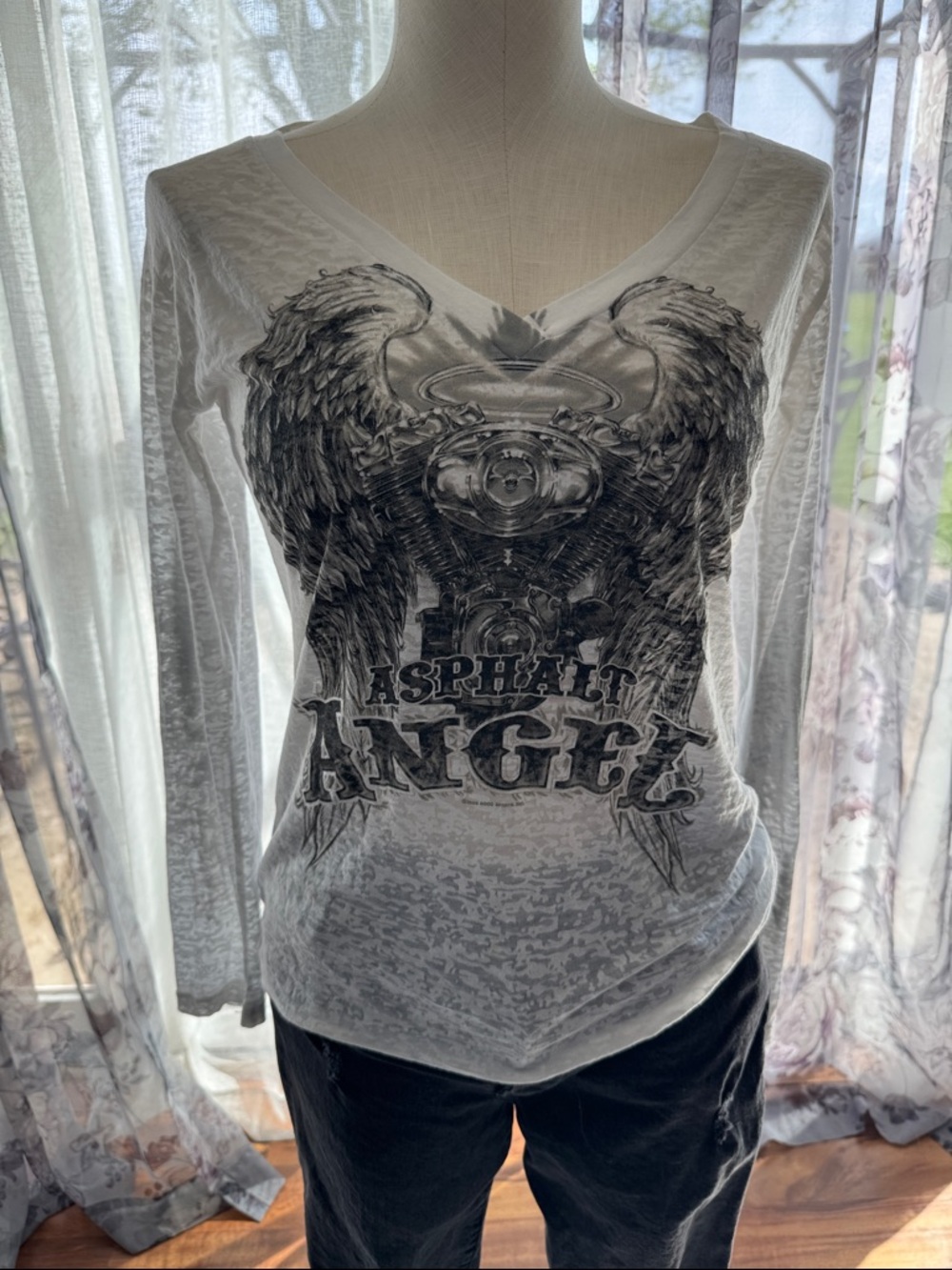 Asphalt Angel Women's White Long Sleeve V-Neck Graphic Tee